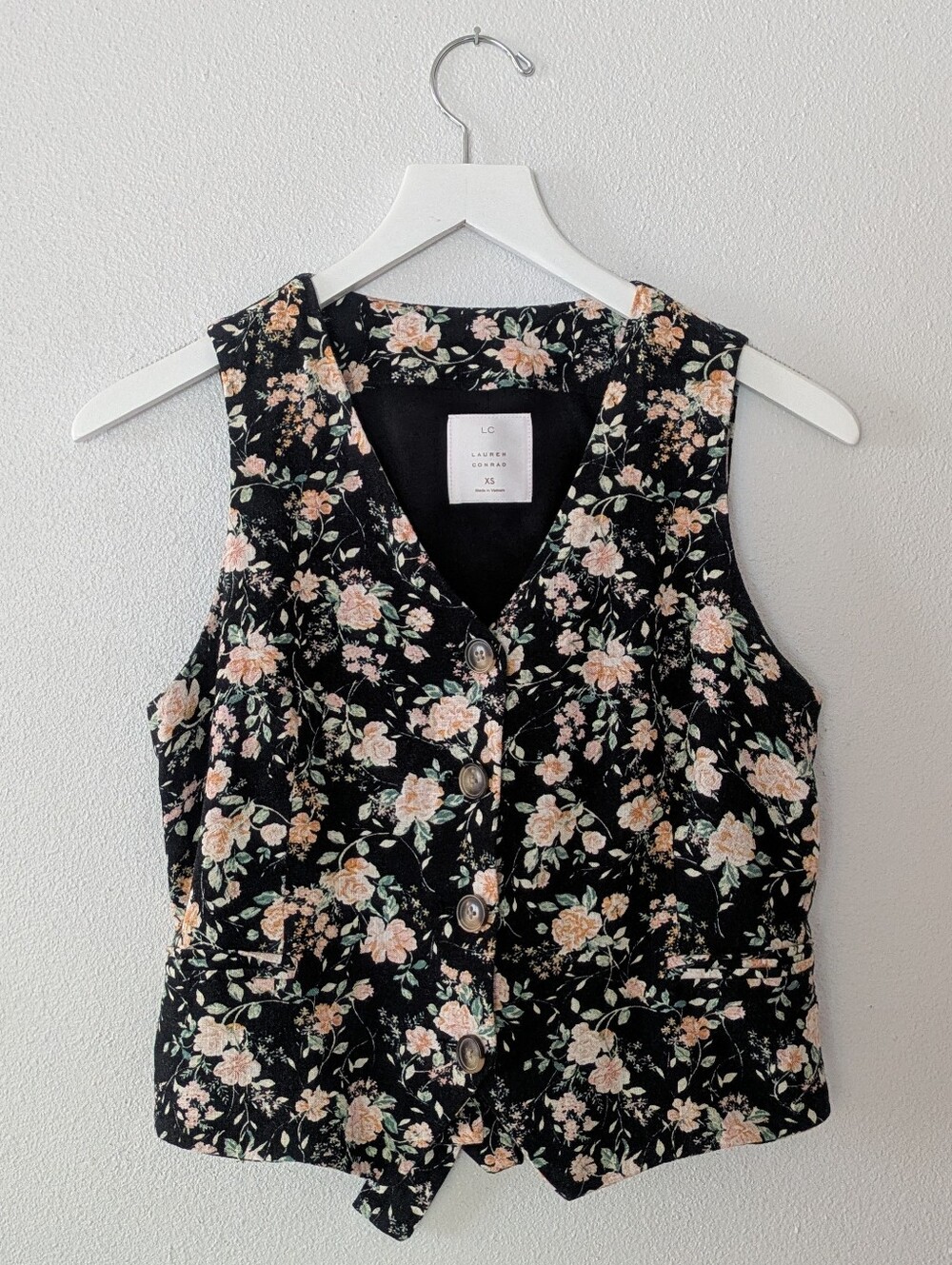 LC Lauren Conrad Black Floral Button Front Waistcoat Vest XS